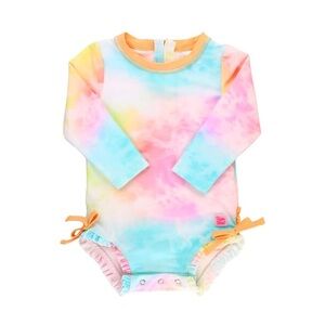 RuffleButts Baby Girl Rash Guard Swimsuit UPF 50+ Rainbow Tie Dye 18-24M